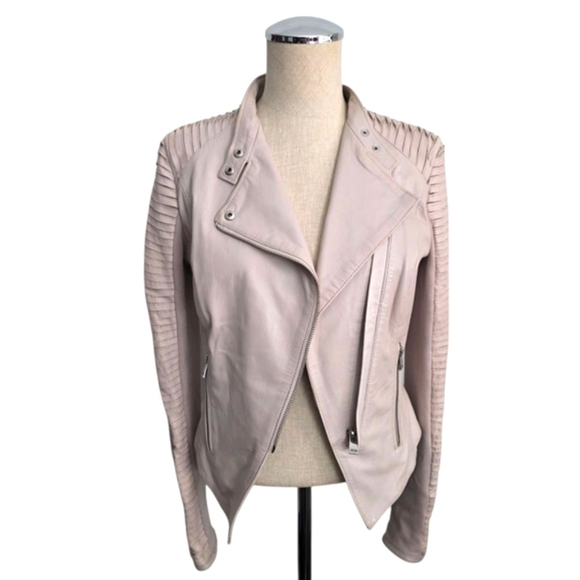 Lamarque Pink Leather Jacket Asymmetrical Zipper Fitted Sz XS - Picture 8 of 13